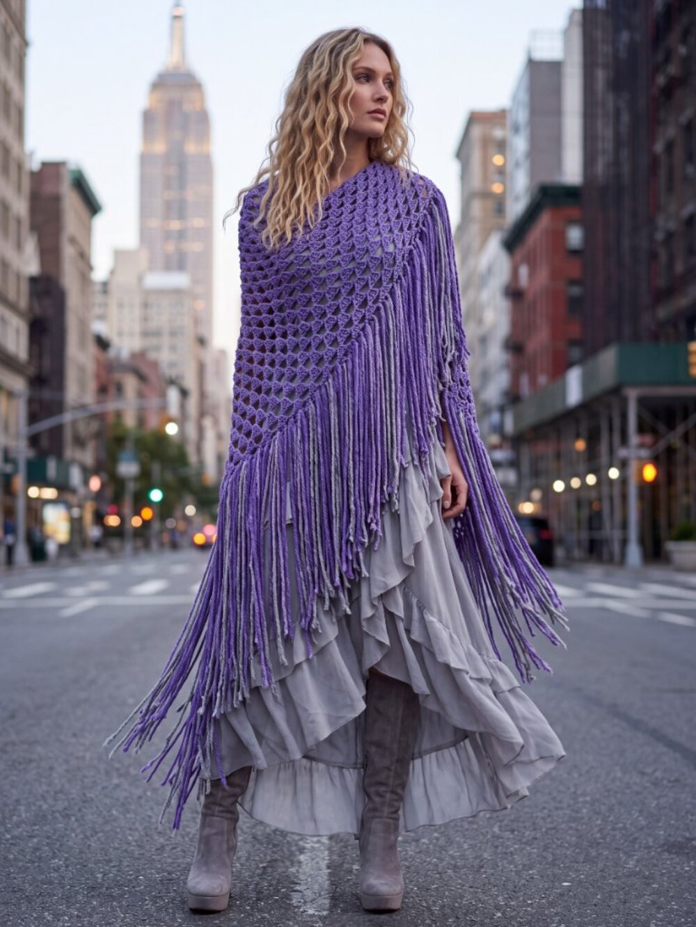 Boho Purple and Gray Thick Fringe Shawl Shrug